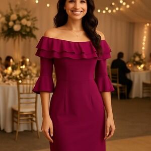 Elegant Fuchsia Ruffled Off Shoulder Bell Sleeve Cocktail Dress Size 8